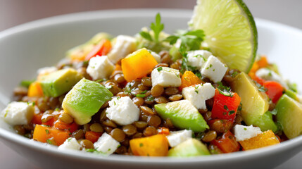 Macro close-up of a colorful and healthy lentil salad in a white bowl, tossed with diced avocado, bright bell peppers red and yellow, crumbled feta cheese, and fresh parsley, topped with wedge of lime