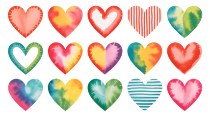 Vibrant watercolor hearts with tie-dye and striped patterns