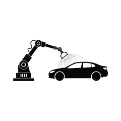 A black and white icon showing a robotic arm spraying liquid onto a car during production