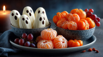 Healthy Fruit Halloween Treats made into Banana Ghosts and Clementine Orange Pumpkins