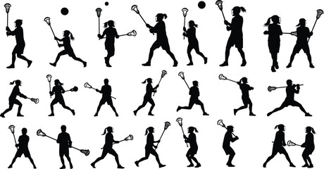 Lacrosse player silhouette vector set, women sports action poses, female athlete stick game collection, running passing shooting figures, black icons