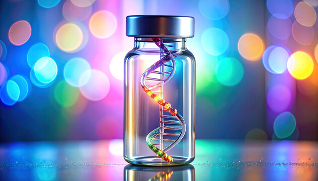 Illuminating DNA: A vibrant and captivating depiction of a DNA strand encased within a glass vial, illuminated with colorful bokeh lights in the background.