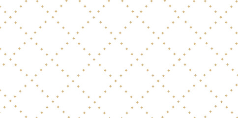 Golden vector seamless pattern with small diamonds, star shapes, rhombuses. Abstract gold and white geometric texture. Simple minimal wide repeat background. Luxury design for decor, wallpaper,	
