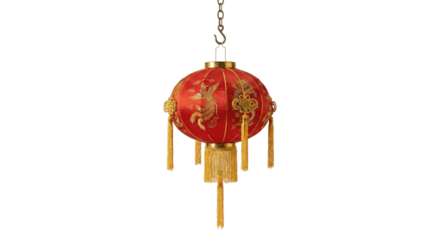 PNG cut out isolated background. A studio shot of a traditional red Chinese lantern featuring intricate golden embroidery of a dragon and a phoenix.