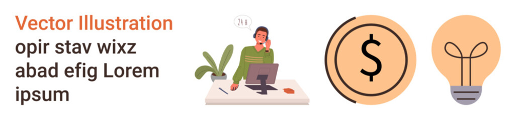 Business, productivity, financial planning, innovation, creativity, workspace design. A person at a desk with a laptop, dollar icon and a lightbulb. Business productivity and financial planning