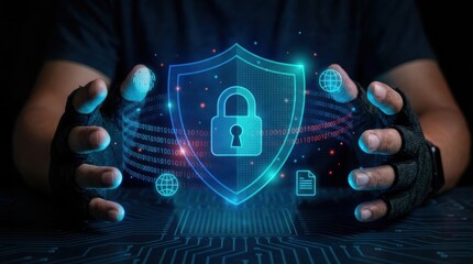 Hands protecting digital shield with lock symbol and data streams