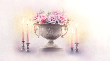 Peaceful memorial illustration urn roses candles gentle light evokes remembrance and quiet reflection