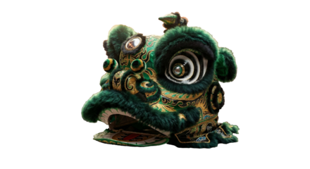NG cut out isolated background. A detailed, close-up view of a vibrant green and gold Chinese Lion Dance costume head.