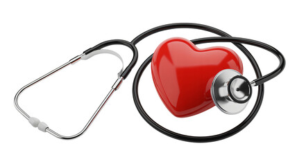 Heart health monitoring: stethoscope listened to a vibrant red heart symbol on white background