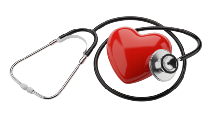 Heart health monitoring: stethoscope listened to a vibrant red heart symbol on white background