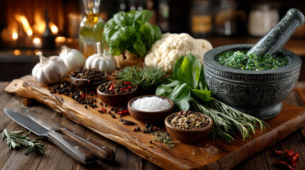 Panorama banner with fresh culinary herbs and spices on a chopping board with a pestle and mortar surrounded by fresh vegetables for salads