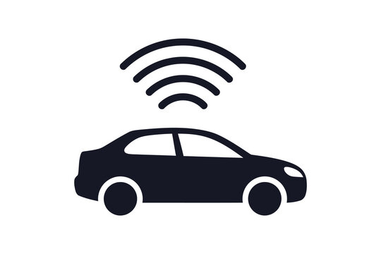 Black icon of a connected car with wireless signal for smart technology on a white background
