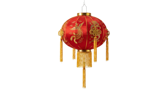 PNG cut out isolated background. A studio shot of a traditional red Chinese lantern featuring intricate golden embroidery of a dragon and a phoenix. - Powered by Adobe