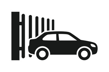 Simple black and white silhouette icon depicting a car approaching an automated gate or barrier system