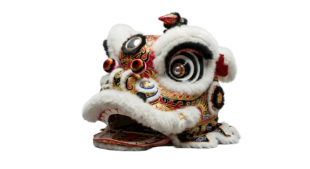 PNG cut out isolated background. A studio shot of a traditional Chinese Lion Dance head costume, specifically the Southern Lion style.