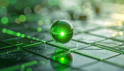 Green Sphere of Digital Advancement: A captivating 3D render, showcasing a luminous green sphere at the forefront, resting upon a circuit board.