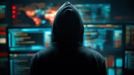 A hooded figure stands before multiple screens displaying data and a world map, evoking themes of cybersecurity and digital intrigue.