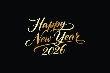 Elegant gold happy new year 2026 calligraphy design on a black background