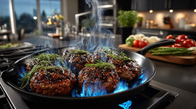 Preparing a batch of cheeseburgers with assorted ingredients and four grilled ground beef patties or frikadeller in a pan