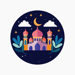 A vector illustration of a religious Eid holiday with a mosque silhouette against the night sky and a star symbol