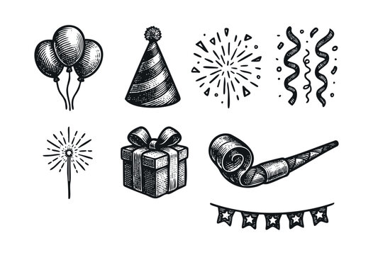A collection of hand-drawn party and celebration items in a classic engraving style, featuring balloons, a party hat, gifts, and festive decor &mdash; stock vector.