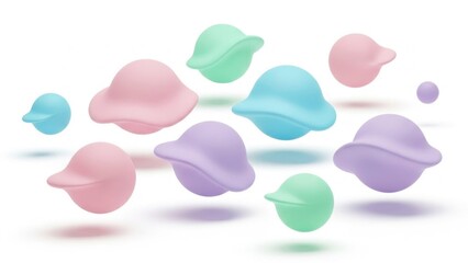 Soft pastel cloud shapes floating with gentle shadows, dreamy translucent blobs in mint, pink, blue and lavender creating calm minimal abstract background for peaceful modern designs

