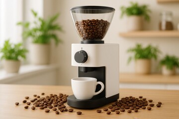 A minimalist electric coffee grinder filled with fresh coffee beans sits next to a white cup on a wooden counter. Surrounded by scattered coffee beans and green houseplants, this setup offers a clean 