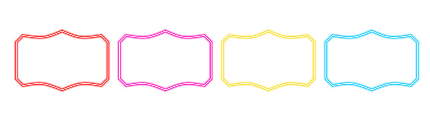 Set of four horizontal neon frames with a unique wavy border design, in striking colors of red,...