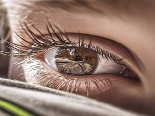 Naklejka premium Close up eye reflection brown eye eyelash pupil human eye eye tear