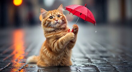 A ginger cat holds a tiny red umbrella in a rainy city street, enjoying the light rain.