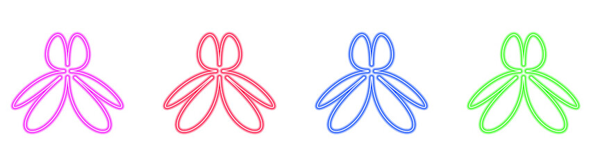 Fototapeta premium Set of four neon flower-like vector elements glowing with vibrant colors including purple, red, blue, and green on transparent background