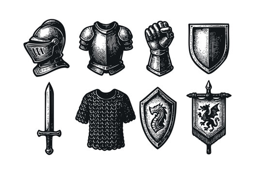 A collection of engraved style medieval knight armor pieces, weapons, and heraldry, including a helmet, cuirass, gauntlet, shields, sword, chainmail, and dragon banners &mdash; stock illustration.