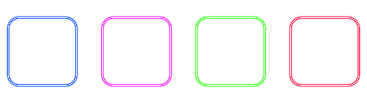 Set of four neon glowing rounded square outlines in vibrant blue magenta green and red isolated on a transparent background