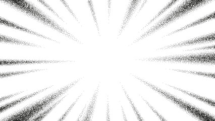 Grainy gradient dotted comic background. Vector gritty speed lines. Abstract anime cartoon rays explosion with black stipple texture effect. Comic background with speed lines with stipple effect.