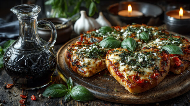 Cute heart shaped mini pizzas topped with cheese and tomato and garnished with fresh basil served on an old wooden board in the kitchen with virgin olive oil