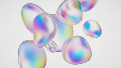 Soft holographic liquid blobs floating on light background, iridescent pastel droplets with smooth organic shapes creating dreamy futuristic abstract 3D digital artwork for modern designs


