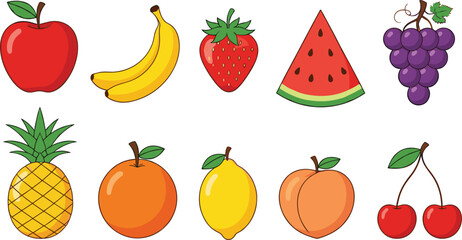Colorful fruit vector illustration set featuring apples, bananas, berries, citrus fruits, tropical fruits, and fresh summer produce.