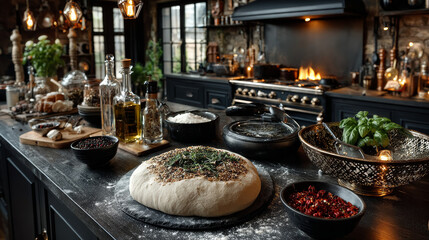 Preparing homemade Italian pizza with a newly rolled dough base surrounded by ingredients for the topping
