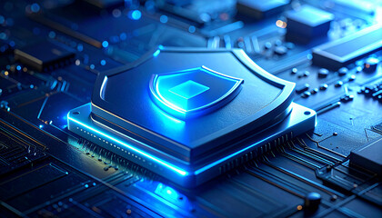Digital Shield: A stylized shield, radiating an aura of digital safety, positioned atop a circuit board. Emphasizing the fusion of technology and security.