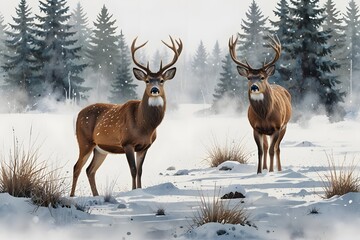 Winter wildlife such as deer in snow