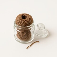 Professional studio photo compact ball of brown yarn inside small clear glass jar with lid leaning against base end of yarn slightly visible at jar opening