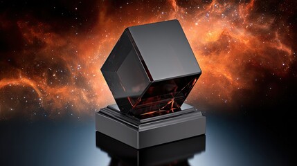 Dark Glass Cube On Pedestal Against Red Nebula Background