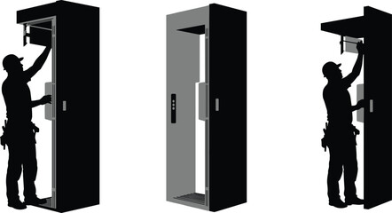 Technician installing modern elevator door system, maintenance and repair process in building shaft, lift mechanic working on elevator mechanism, vector illustration