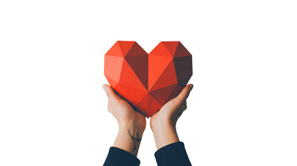 Caring hands holding geometric red heart symbolizing love, compassion, and support