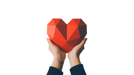 Caring hands holding geometric red heart symbolizing love, compassion, and support