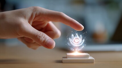Marketer hand releasing a glowing product icon upward from launch platform above desk, spotlight-style soft light, cinematic background blur, 4k