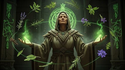 Mystical Druid or Nature Mage Casting Green Magic Spells in an Ancient Temple with Plants and Glowing Runes
