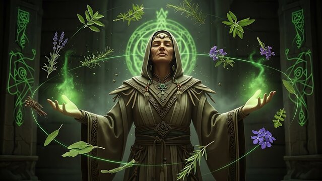 Mystical Druid or Nature Mage Casting Green Magic Spells in an Ancient Temple with Plants and Glowing Runes
