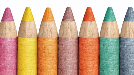 Row of sharpened colored pencils displays vibrant tips against a white background