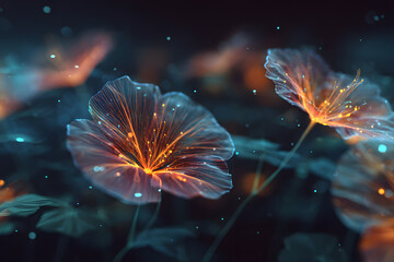 abstract glowing neon light flowers forming vibrant luminous shapes against a dark modern background